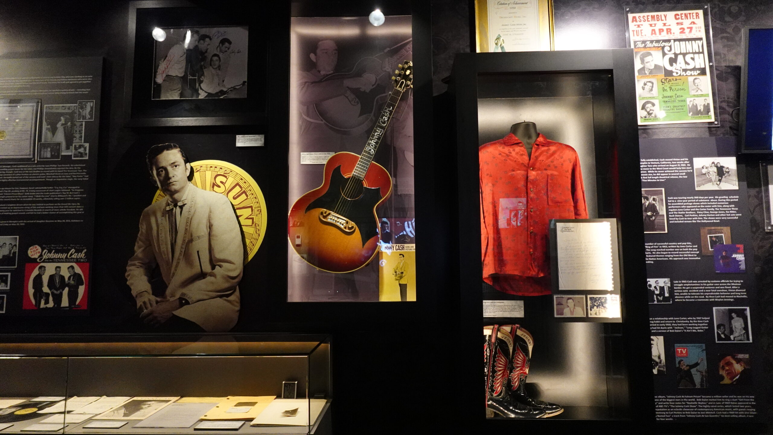 Johnny Cash museum in Nashville. Shows a wall of memorabilia